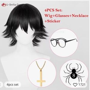 Anime Shizukuu Cosplay- Black Wig, glasses, gold necklace, sticker
 - 4PC Set